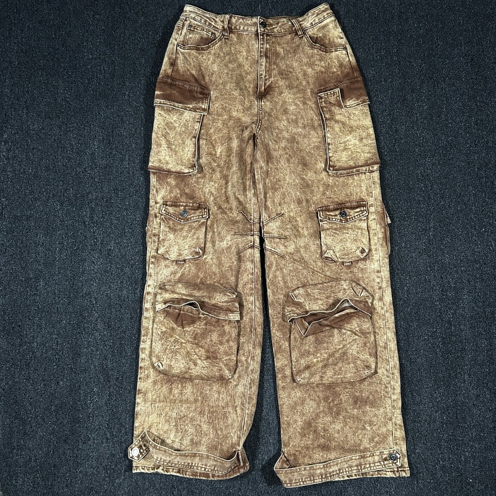 Whishful Looks Oversized Cargo Jeans Womens Large Brown Acid Wash NWT Baggy Pant